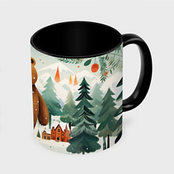 Кружка 3D Рождественский мишка фолк-арт, цвет: 3D-белый + черный