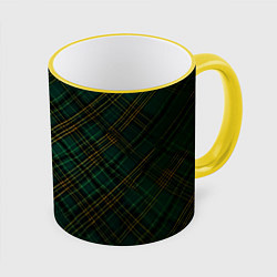 Кружка 3D Тёмно-зелёная диагональная клетка в шотландском ст, цвет: 3D-желтый кант