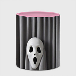 Кружка 3D Маска призрака и серые шторы, цвет: 3D-белый + розовый — фото 2