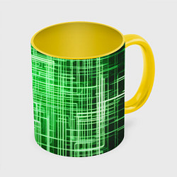 Кружка 3D Зелёные неоновые полосы киберпанк, цвет: 3D-белый + желтый