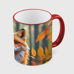 Кружка 3D Портрет лисы в осеннем лесу, цвет: 3D-красный кант