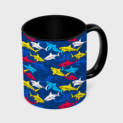 Кружка 3D Разноцветные акулы на глубине, цвет: 3D-белый + черный