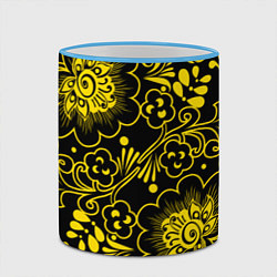 Кружка 3D Хохломская роспись золотые цветы на чёроном фоне, цвет: 3D-небесно-голубой кант — фото 2