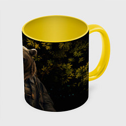 Кружка 3D Медведь солдат в ночном лесу, цвет: 3D-белый + желтый