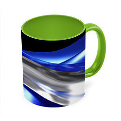 Кружка 3D Серебряная вставка на синей абстракции, цвет: 3D-белый + светло-зеленый
