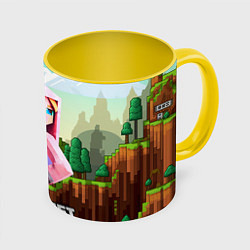 Кружка 3D Персонаж Minecraft девушка в пиксельном мире, цвет: 3D-белый + желтый