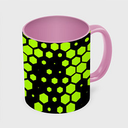 Кружка 3D Зеленые соты киберпанк, цвет: 3D-белый + розовый