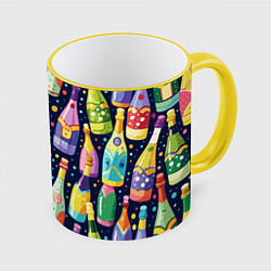 Кружка 3D Бутылки шампанского -вино водочный паттерн, цвет: 3D-желтый кант