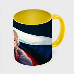 Кружка 3D Блондинка с косами - флаг России, цвет: 3D-белый + желтый