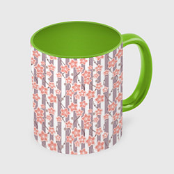 Кружка цветная Коралловые цветы на полосатом фоне