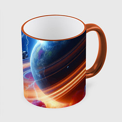 Кружка 3D Полёт к сатурну - нейросеть, цвет: 3D-оранжевый кант