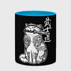 Кружка 3D Кот самурай - вакидзаси в зубах, цвет: 3D-белый + небесно-голубой — фото 2