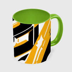 Кружка 3D Жёлто-белые широкие линии на чёрном фоне, цвет: 3D-белый + светло-зеленый