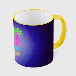 Кружка 3D Неоновые пальмы и фламинго summer vibes, цвет: 3D-желтый кант