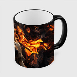 Кружка цветная Девушка в черном белье на фоне огня