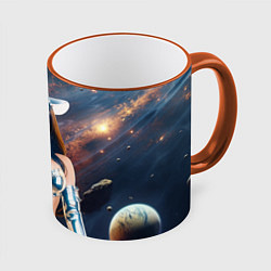 Кружка цветная Чудо девушка в блестящем супер костюмена фоне косм