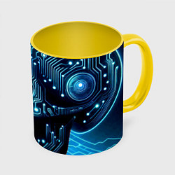 Кружка 3D Cyber neon skull - ai art с дорожками на плате, цвет: 3D-белый + желтый