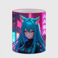 Кружка 3D Девушка-кошка в стиле киберпанк, цвет: 3D-розовый кант — фото 2