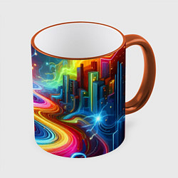 Кружка цветная Неоновый город - нейроарт