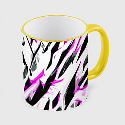Кружка 3D Чёрно-розовые агрессивные полосы на белом фоне, цвет: 3D-желтый кант