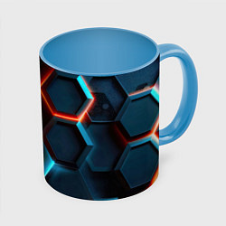 Кружка 3D Неоновые темно синие соты, цвет: 3D-белый + небесно-голубой