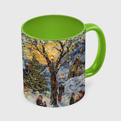 Кружка 3D Новогодние каникулы картина маслом, цвет: 3D-белый + светло-зеленый