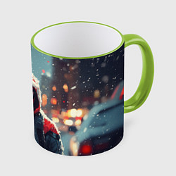 Кружка цветная Человек-паук под снегопадом - новогодний город