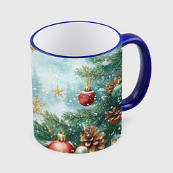 Кружка цветная Золотые снежинки - новогодний фон