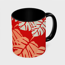 Кружка 3D Отпечатки монстеры на красном, цвет: 3D-белый + черный