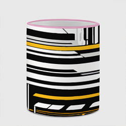 Кружка 3D Жёлто-белые технологические линии на чёрном фоне, цвет: 3D-розовый кант — фото 2