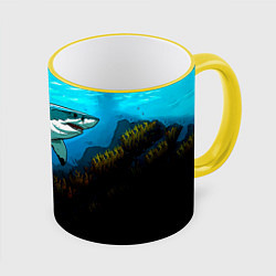 Кружка 3D Акула в синем море, цвет: 3D-желтый кант