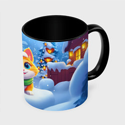 Кружка цветная Новогодний котенок в зеленой шапочке