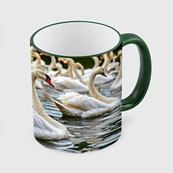 Кружка 3D Белые лебеди на пруду, цвет: 3D-зеленый кант