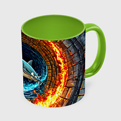 Кружка 3D Акула в огненом колодце, цвет: 3D-белый + светло-зеленый