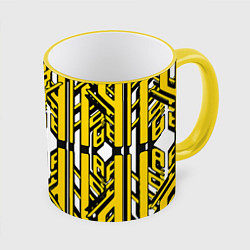 Кружка 3D Чёрно-жёлтые техно полосы на белом фоне, цвет: 3D-желтый кант