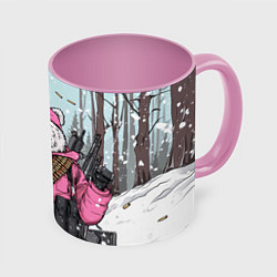 Кружка 3D Русский медведь в розовой куртке, цвет: 3D-белый + розовый