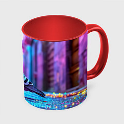 Кружка 3D Голубь в ярком городе, цвет: 3D-белый + красный