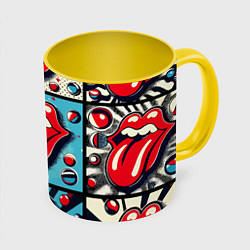 Кружка 3D Rolling Stones logo - pop art, цвет: 3D-белый + желтый