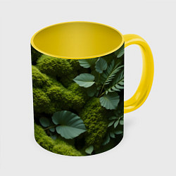 Кружка 3D Зеленый мох и листья, цвет: 3D-белый + желтый
