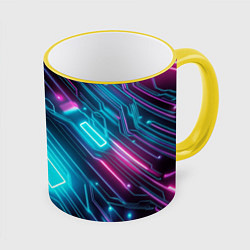 Кружка 3D Неоновый узор киберпанк микросхемы, цвет: 3D-желтый кант