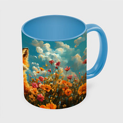 Кружка 3D Лисица в цветочном поле, цвет: 3D-белый + небесно-голубой