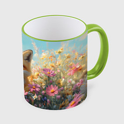 Кружка 3D Лиса в цветочном поле, цвет: 3D-светло-зеленый кант