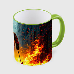 Кружка цветная Хоккеист в огне