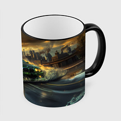 Кружка цветная Зеленый BMW волны на асфальте