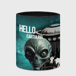 Кружка 3D Инопланетянин на фоне космоса и летающей тарелки, цвет: 3D-белый + черный — фото 2