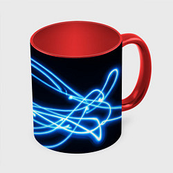 Кружка цветная Неоновые голубые волны на черном фоне