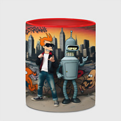 Кружка 3D Фрай и Бендер на фоне стены с граффити, цвет: 3D-белый + красный — фото 2