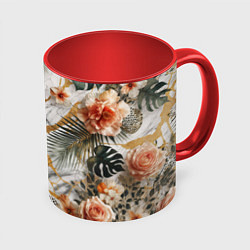 Кружка цветная Мрамор с цветами и леопардовый узор