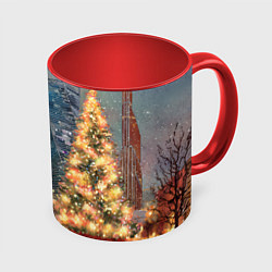 Кружка 3D Москва - сити и новогодняя елка, цвет: 3D-белый + красный