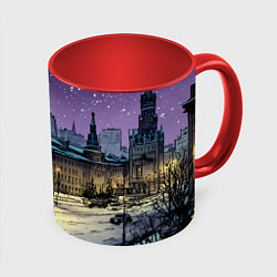 Кружка 3D Ночь в новогодней Москве, цвет: 3D-белый + красный